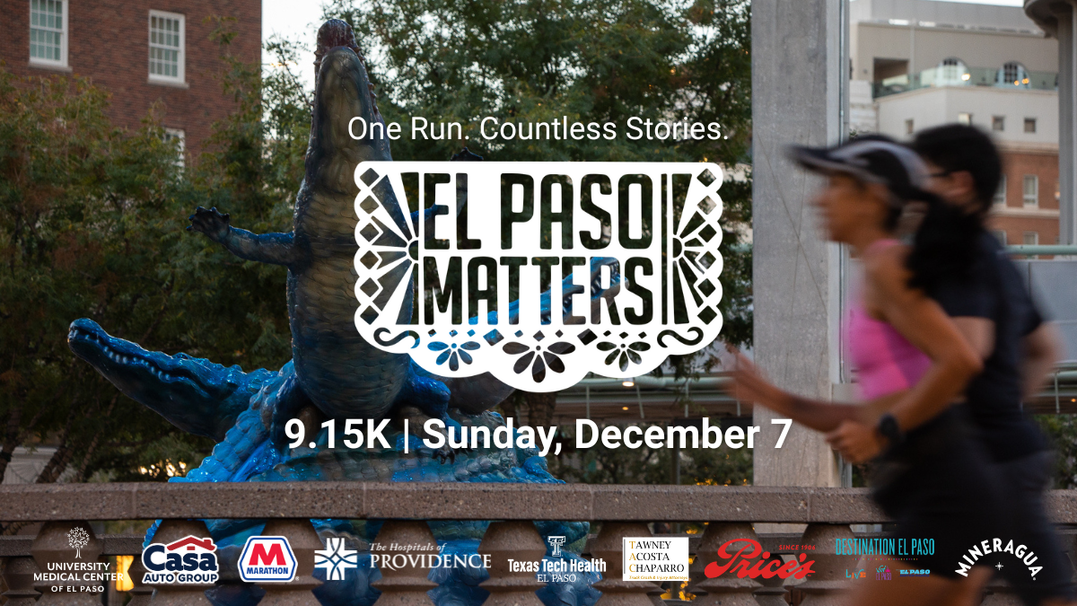 Runners jog by a statue in El Paso. El Paso Matters’ tagline is displayed: One Run. Countless Stories.